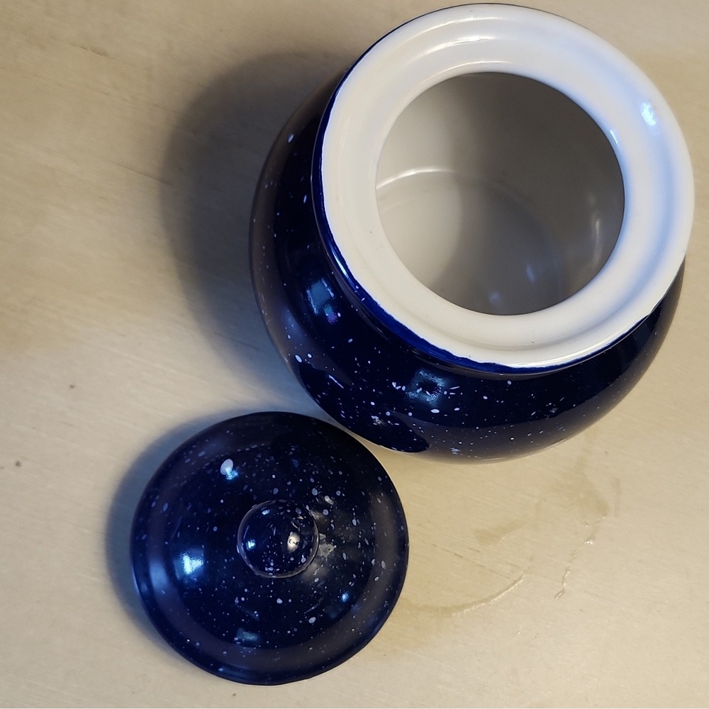 Blue White Speckled Ceramic Porcelain Canister Jar with Lid, Round 4.5 in - Picture 3 of 6